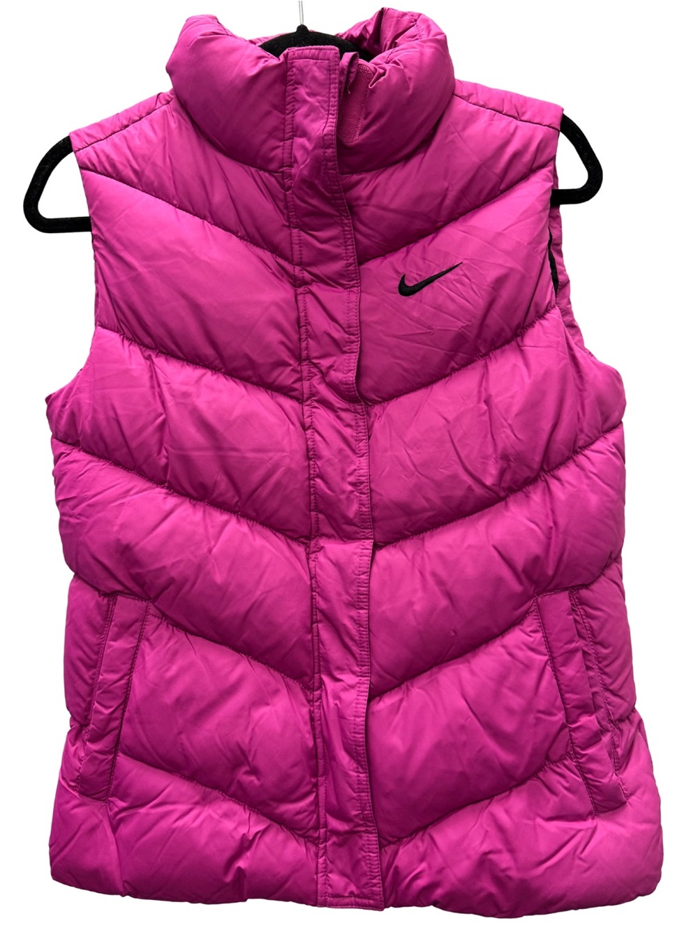 Nike Hot Pink Quilted Puffer Vest Full Zip Black Swoosh Youth Large/Womens Small